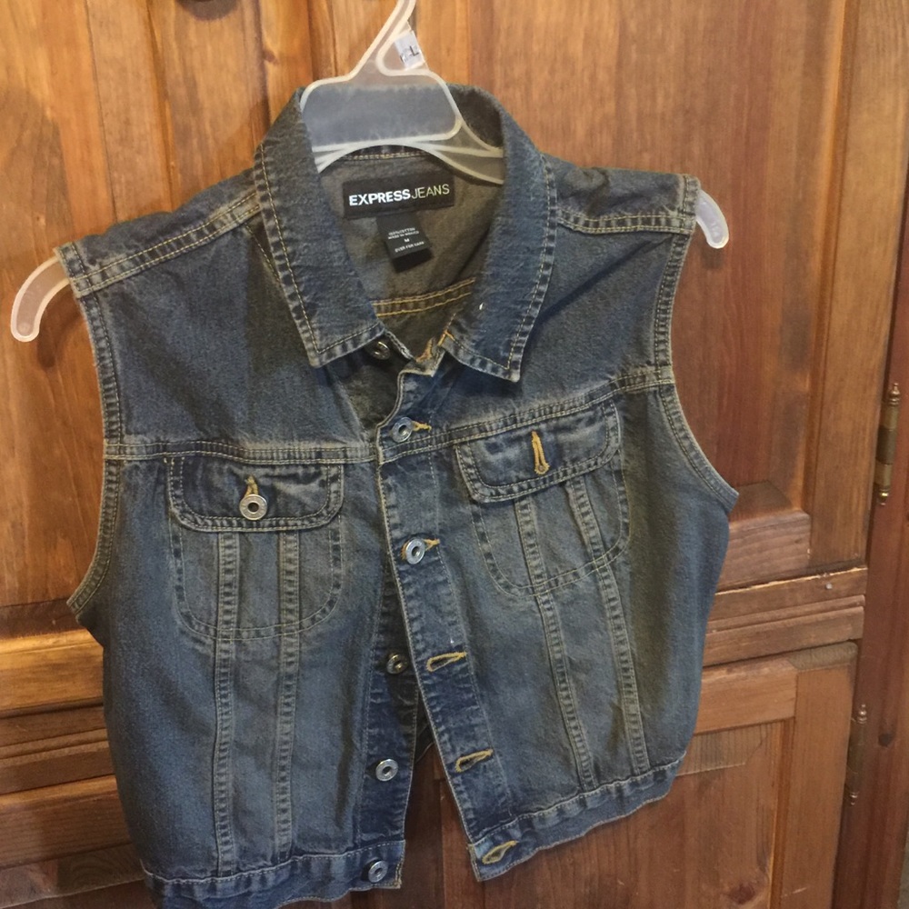 Express Jeans Cropped Button Down Denim Vest - image 3